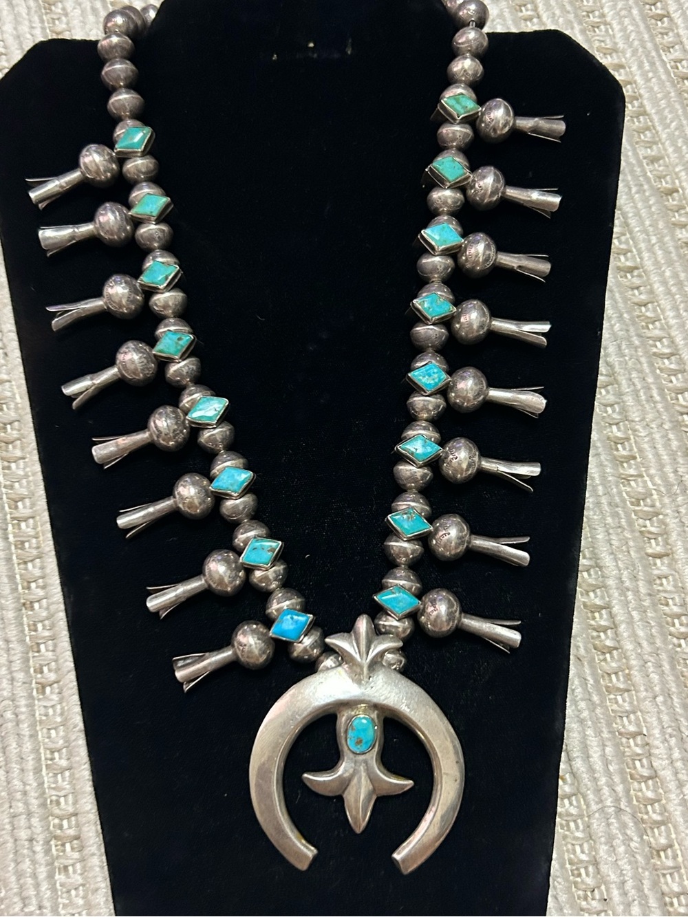 Vintage unisex sterling silver turquoise squash blossoms necklace 24-25”